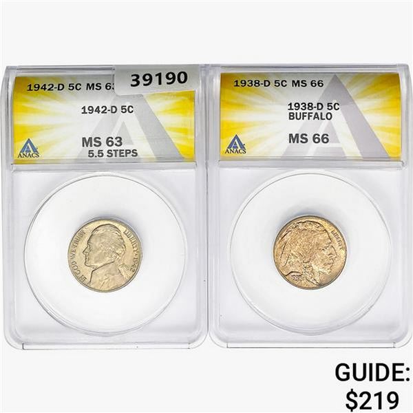 [2] 1938-D&1942-D Silver Nickels ANACS MS