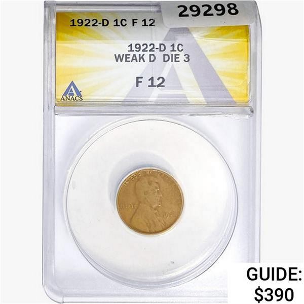 1922-D Wheat Cent ANACS F12 Weak D Die 3