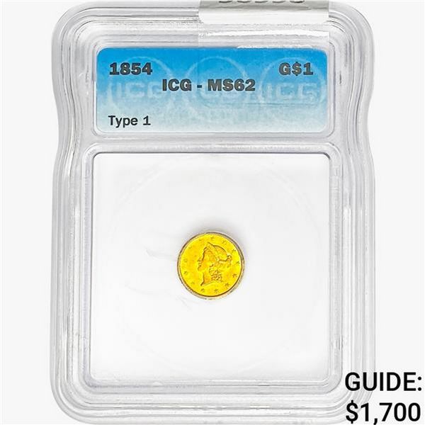 1854 Rare Gold Dollar ICG MS62