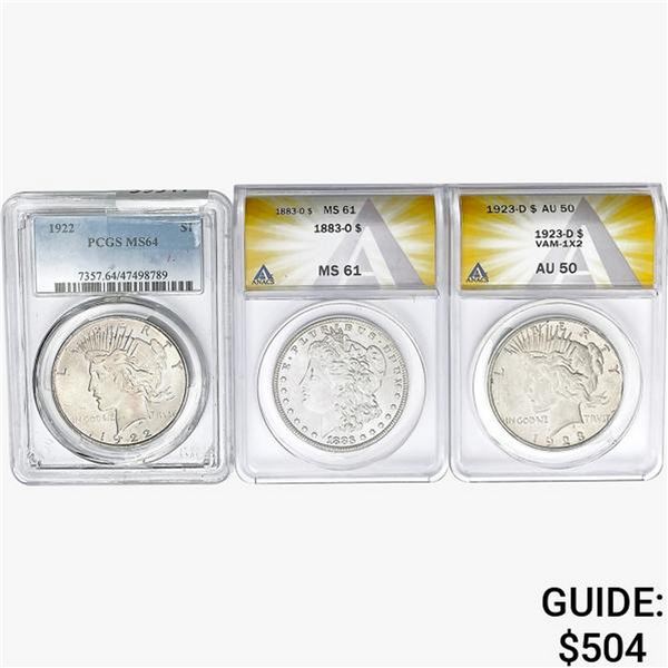 [3] 1883-1923 U.S. Silver Dollars PCGS/ANACS AU/MS