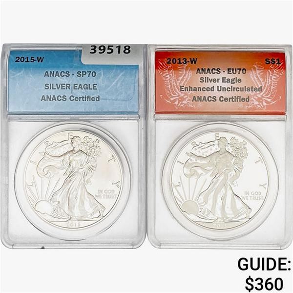 [2] 2013-W&2015-W Silver Eagle ANACS EU/SP70