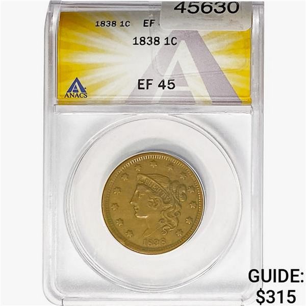 1838 Coronet Head Large Cent ANACS EF45