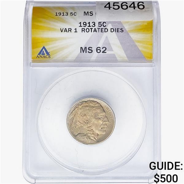 1913 Buffalo Nickel ANACS MS62 VAR 1, ROTATED DIES