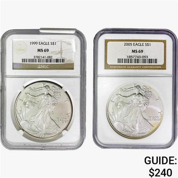 [2] 1999 & 2005 Silver Eagle NGC MS69