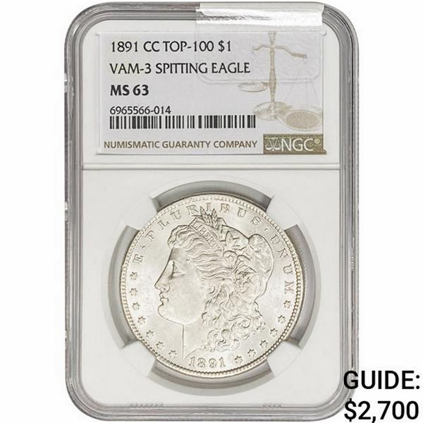 1891-CC Morgan Silver Dollar NGC MS63 VAM-3 Spit Eagle
