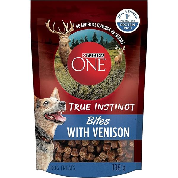 CASE WITH FIVE 198G BAGS OF PURINA ONE BITES WITH
