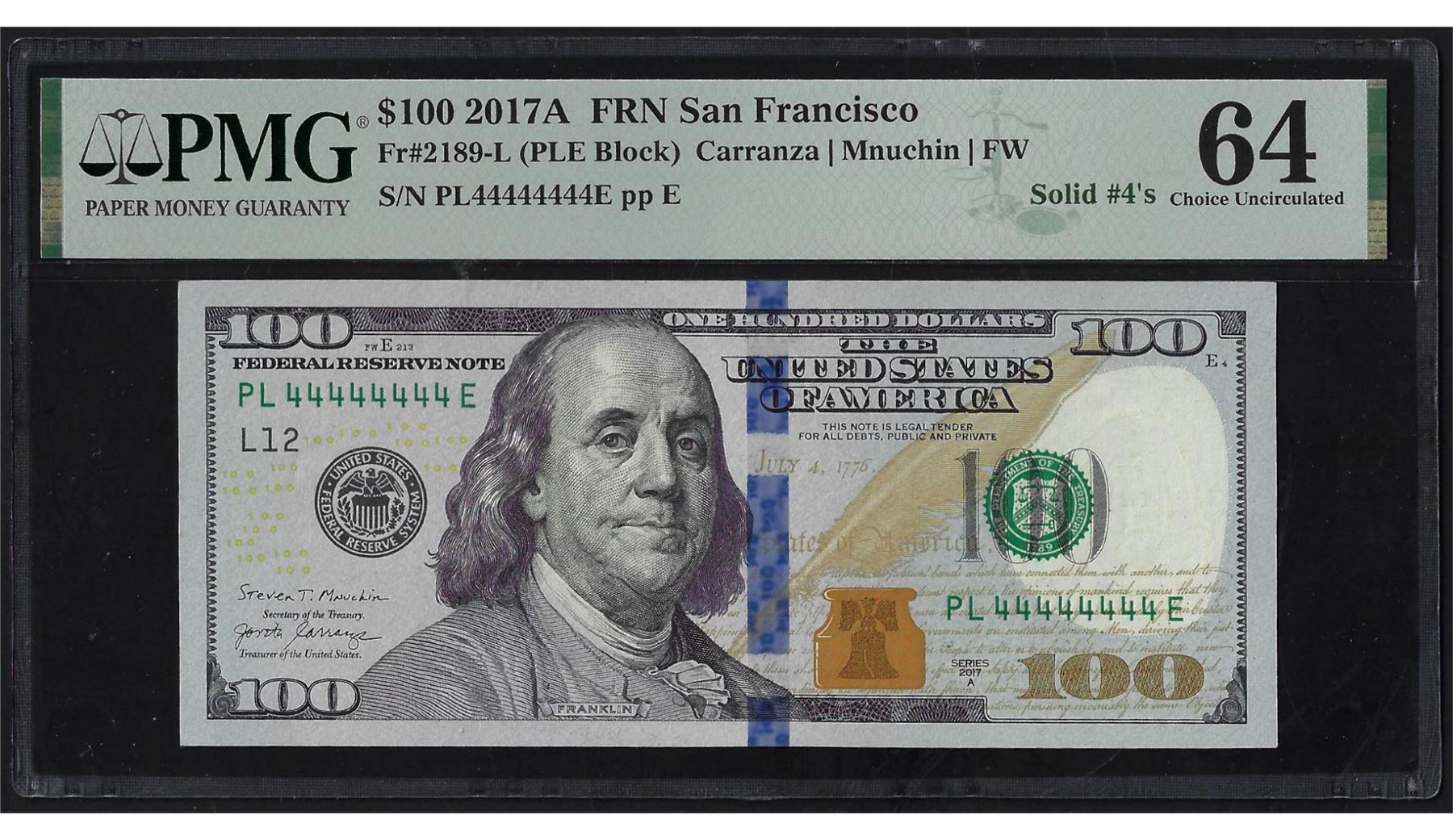Solid Serial Number - 2017A $100 Federal Reserve Note PMG Choice ...