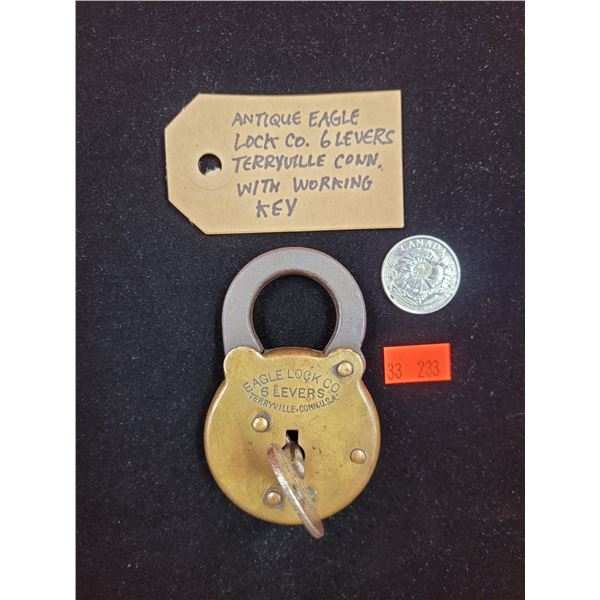 Antique Eagle Lock Co. 6 Levers Terryville Conn w/ Working Key