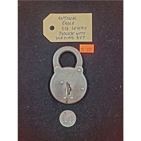 Antique Eagle Six Levers Padlock w/ Working Key