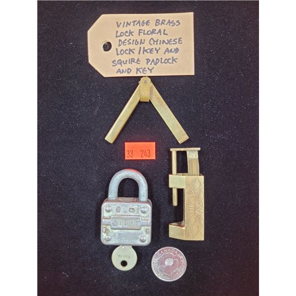 Vintage Brass Lock Floral Design Chinese Lock / Key & Squire Padlock & Key