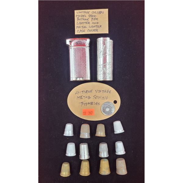 Vintage Colibri Model 8800 Butane Pipe Lighter & Metal Lighter Case Cover & Sewing Thimbles