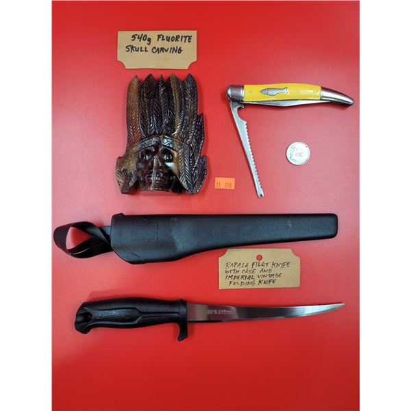 Rapala Filet Knife w/ Case, Imperial Vintage Folding Knife & 540g Fluorite Skull Carving