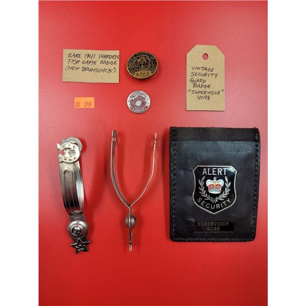 Vintage Security Guard Badge "Supervisor" 4048 & Rare 1941 Warden Fish Game Badge (New Brunswick)