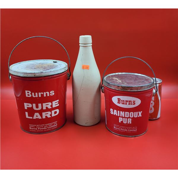 Vintage Burns Advertising Tins & Stone Ware Bottle