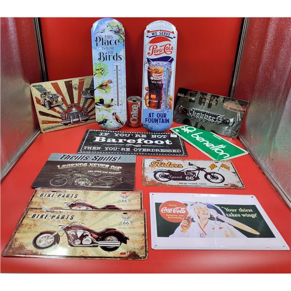 Tin Advertising Signs and Thermometer Lot