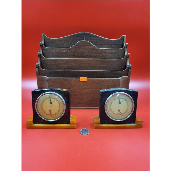 Vintage Taylor Instruments Temperature Gauges and Wooden Desk Organizer