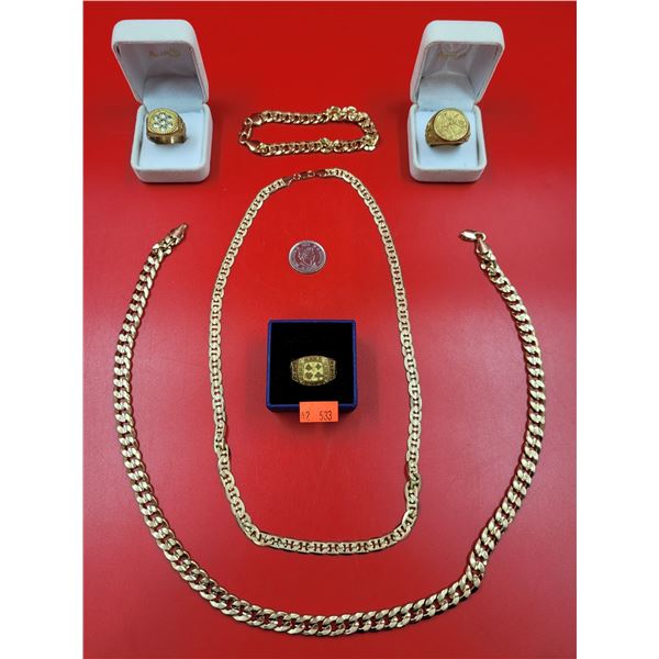 Gold Colour Jewelry Lot (Rings, Necklaces, Bracelet)