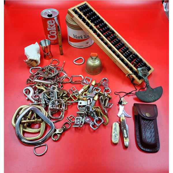 Abacus, Mark Ten Tobacco Tin, Brass Bell, Knives, & Hooks