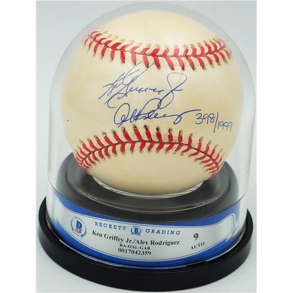 KEN GRIFFEY JR. AND ALEX RODRIGUEZ SIGNED BASEBALL UNDER GLASS 398/1999 (BECKETT COA)