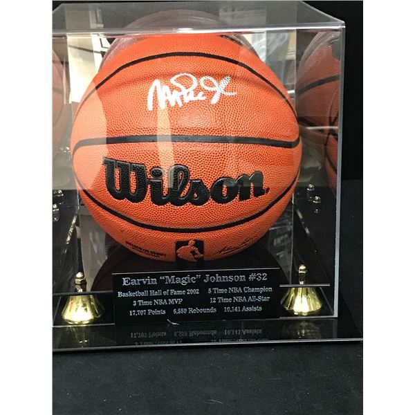 MAGIC JOHNSON SIGNED BASKETBALL ENCASED (BECKETT COA)