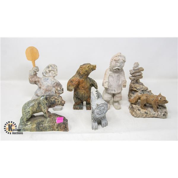 LOT OF SIX STONE CARVINGS; OWL, BEARS, INDIGENOUS