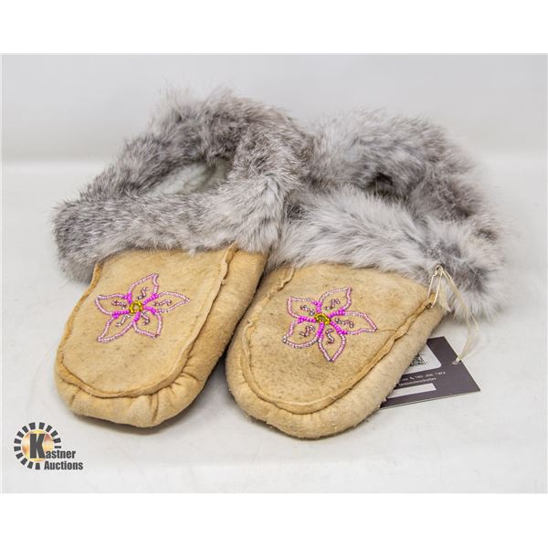 PAIR OF BEADED FUR LINED MOCCASINS