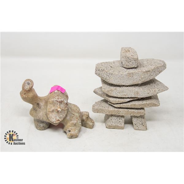 LOT OF TWO STONE CARVINGS; INUKSHUK AND