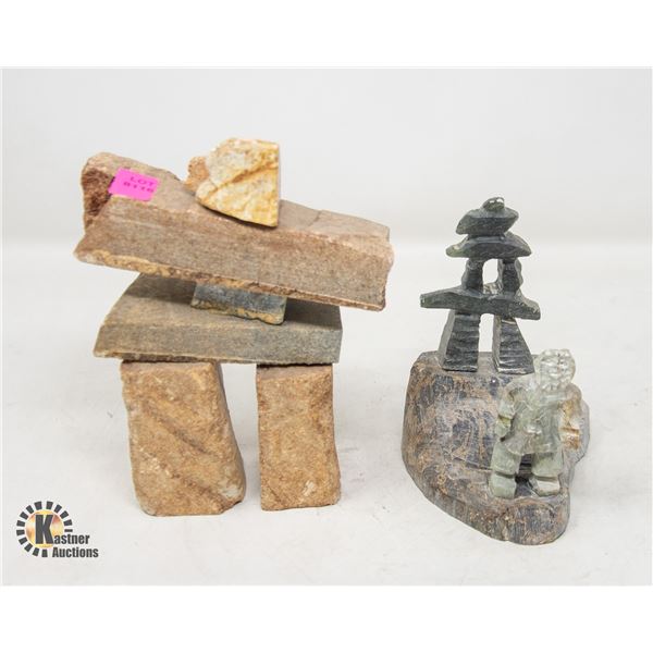 TWO PIECE INDIGENOUS STONE CARVING; INUKSHUK