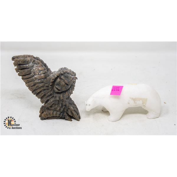 TWO PIECE STONE CARVING; POLAR BEAR AND