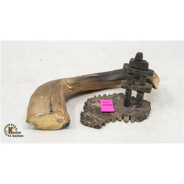 ANIMAL HORN AND INUKSHUK STONE CARVING
