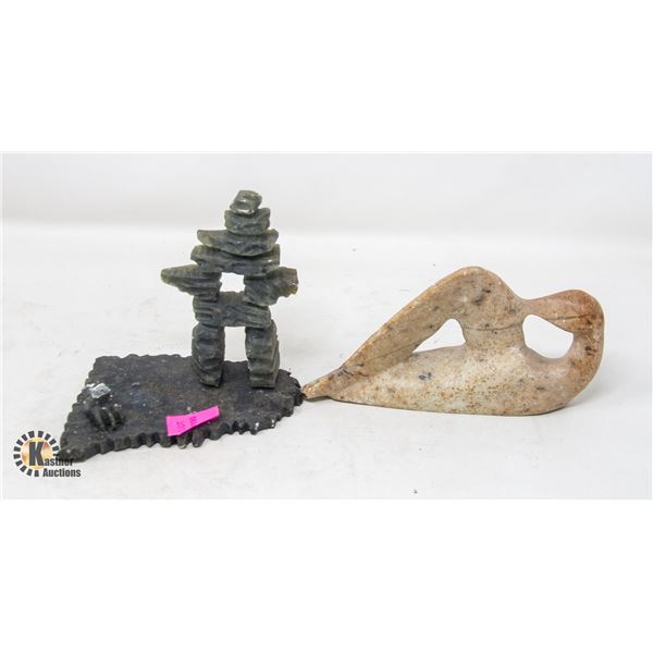 TWO PIECE STONE CARVING; INUKSHUK AND ABSTRACT