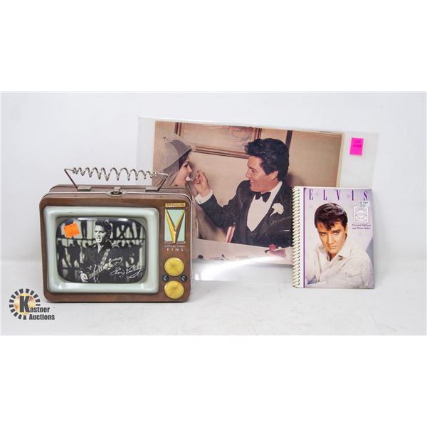 LOT OF ELVIS MEMORABILIA; PHOTOGRAPHS, TINS, ETC
