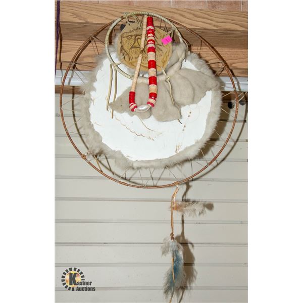 LOT OF TWO DREAMCATCHERS AND WOODEN NECKLACE