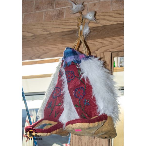 HANDMADE PAIR OF TAN HIDE MUKLUKS; RED