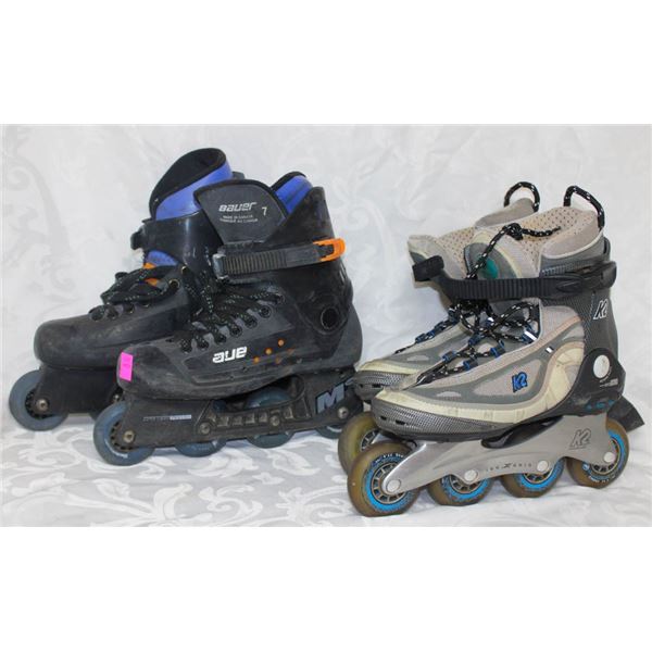PAIR OF 2 ROLLERBLADES; BAUER SIZE 7 & K2 SIZE 8.5