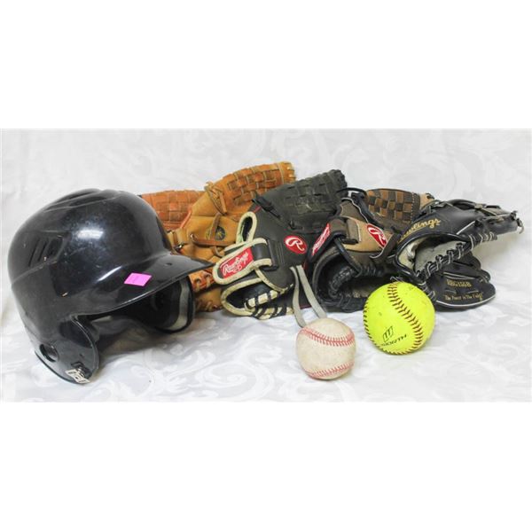 BASEBALL BUNDLE; RAWLINGS YOUTH HELMET/ BALLS & 5