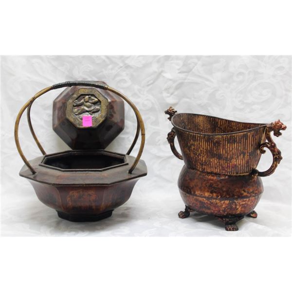 ASIAN HOME DECOR LOT; DRAGON VASE & WOODEN BASKET