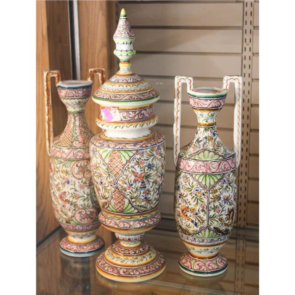 3PC HANDPAINTED CERAMIC GLAZED VASE SET- MADE IN