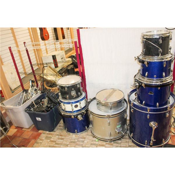 9PC ASST'D DRUM SET W/ 2 TOTES OF DRUM ACCESSORIES