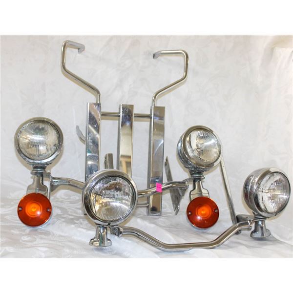 3 PC CHROME MOTORCYCLE HEADLIGHT SETS & BACK RACK