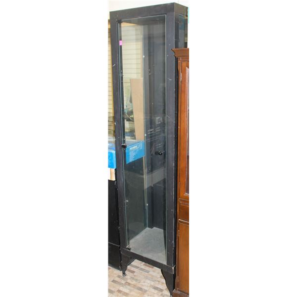 TALL BLACK & GLASS DISPLAY CABINET * NO SHELVES*