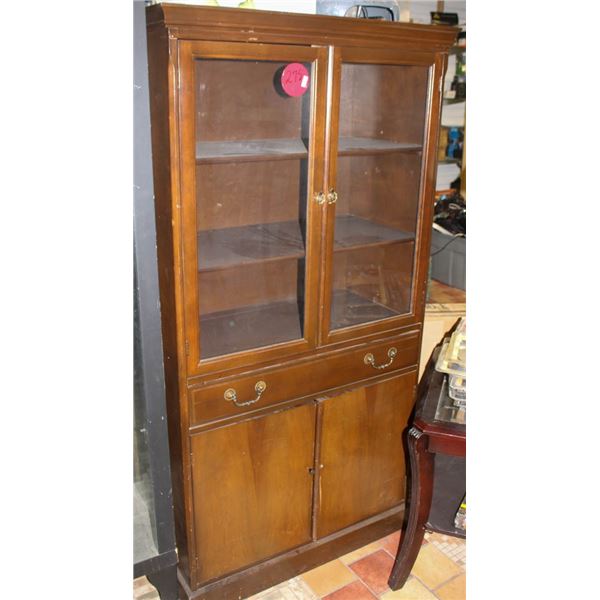 VINTAGE WOODEN CHINA CABINET; 4 DOOR/ 1 DRAWER