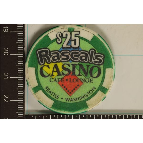 $25 RASCALS CASINO CHIP SEATTLE WASHINGTON