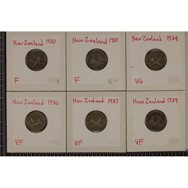 2-1933,34, 36,37 & 1939 NEW ZEALAND SILVER 3 PENCE