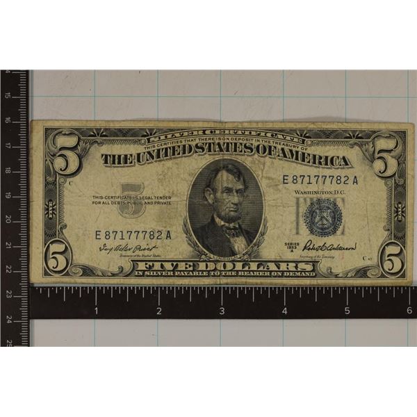 1953-A US $5 SILVER CERTIFICATE BLUE SEAL