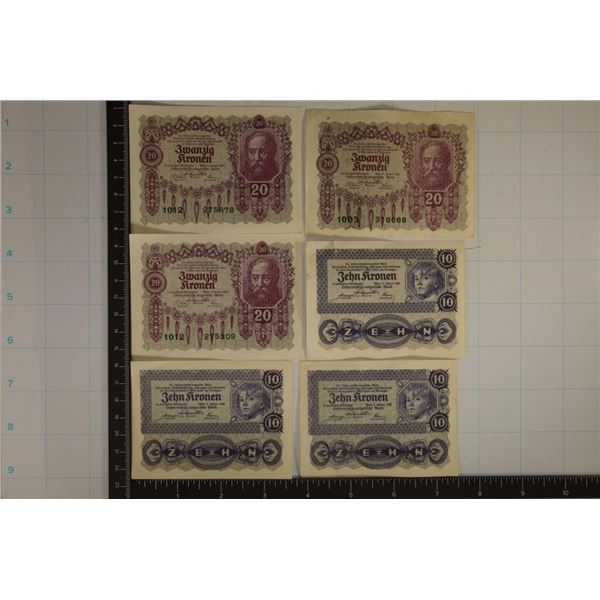 6-1922 AUSTRIA BILLS: 3-10 KRONEN (1 IS CU) AND