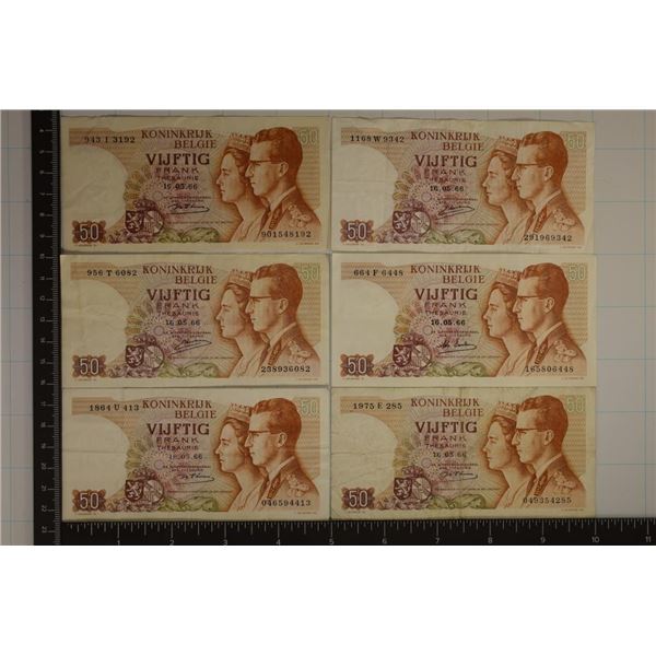 6-BELGIUM 50 FRANK BILLS ONE IS CRISP UNC