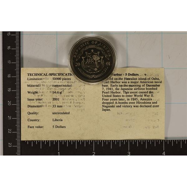 2001 REPUBLIC OF LIBERIA UNC $5 COIN WITH CERT.