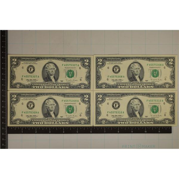 4-1995 US $2 FRN'S CU WITH CONSECUTIVE SERIAL #'S
