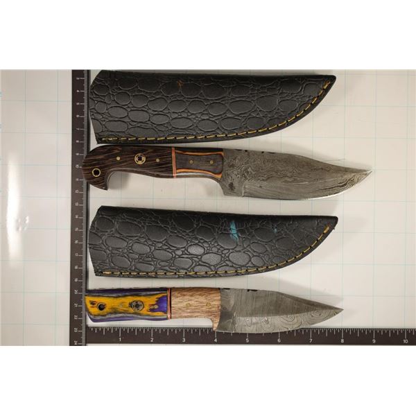 2 DAMASCUS STEEL KNIVES NEW WITH LEATHER SHEATHS: